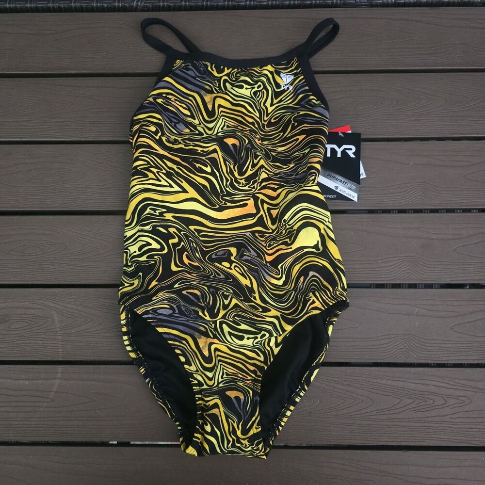 TYR Women's Durafast Elite Yellow Heatwave Diamondfit Swimsuit Size 34 New